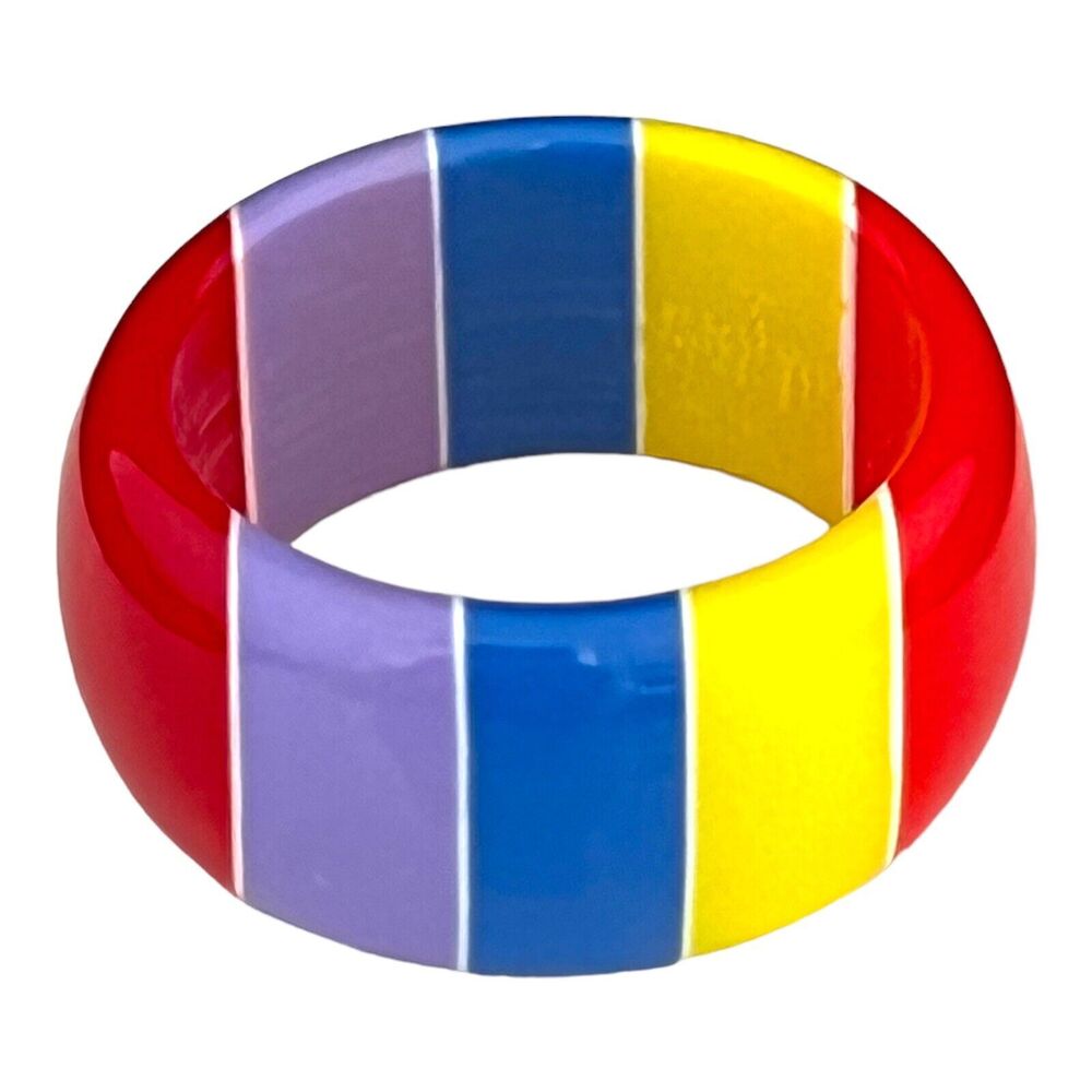 Vintage 1970s Lucite Ring Multicolor Striped Band Red Yellow Blue Purple - 13S